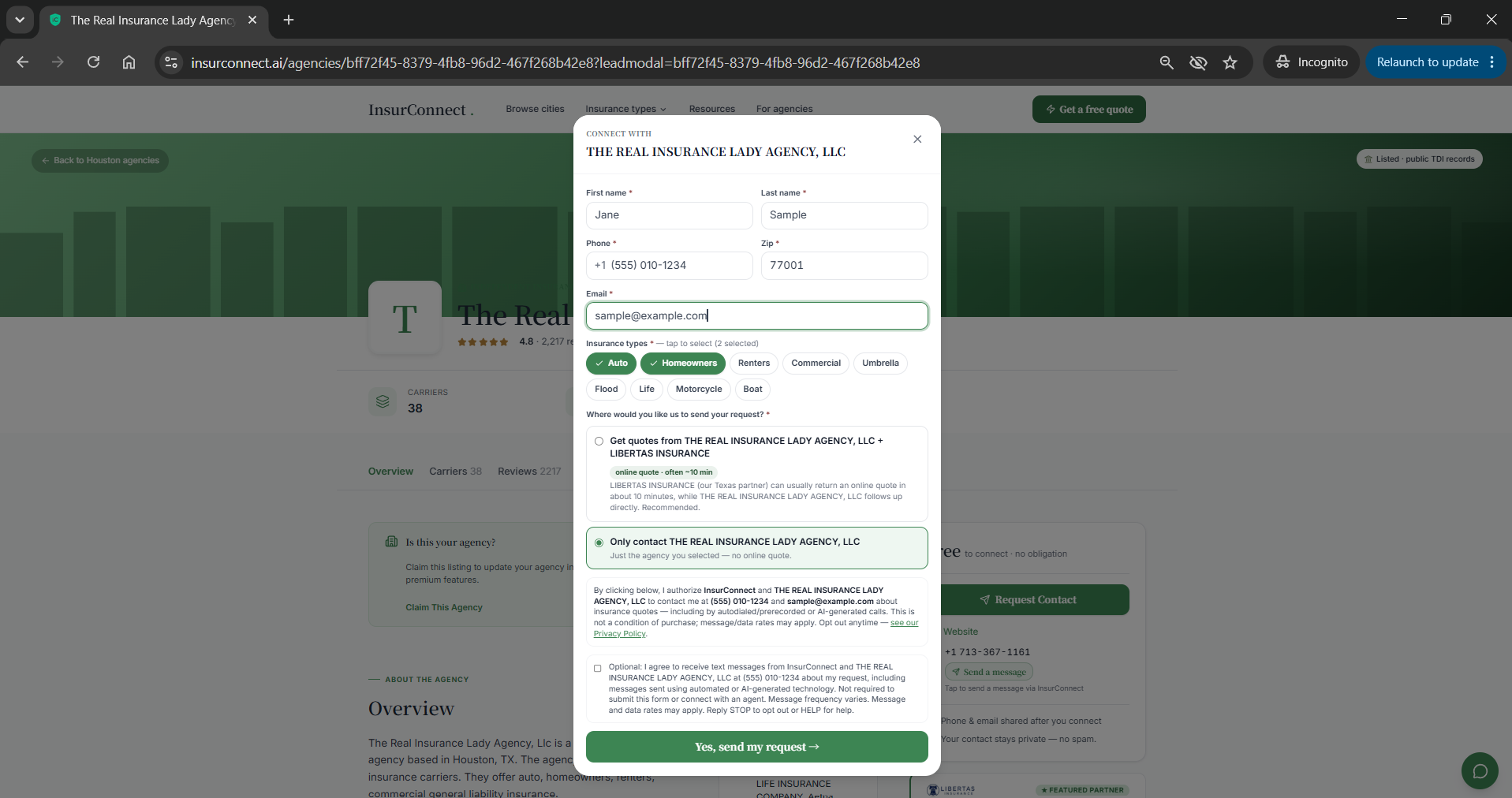 The InsurConnect contact-request form on insurconnect.ai, showing the optional SMS consent checkbox unchecked while the submit button is enabled.