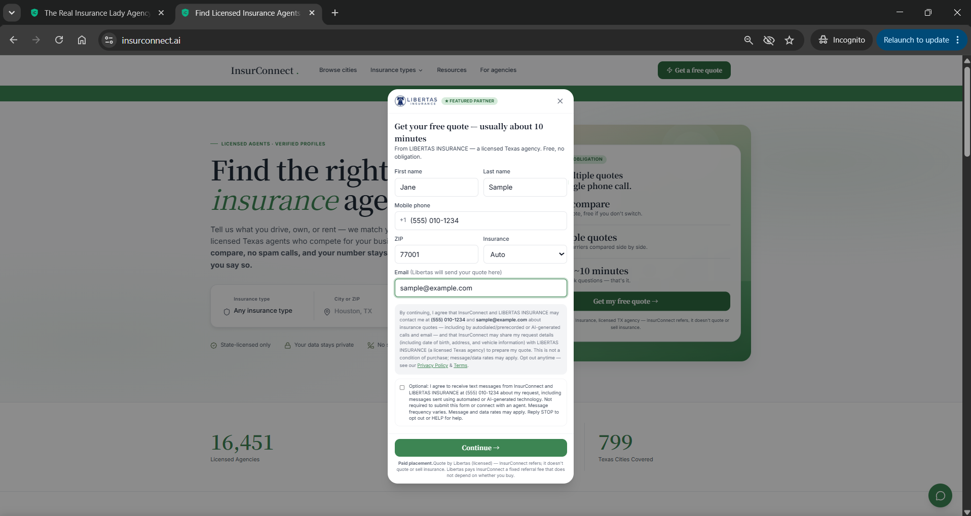 The InsurConnect quote-request form on insurconnect.ai, showing the same optional SMS consent checkbox unchecked.